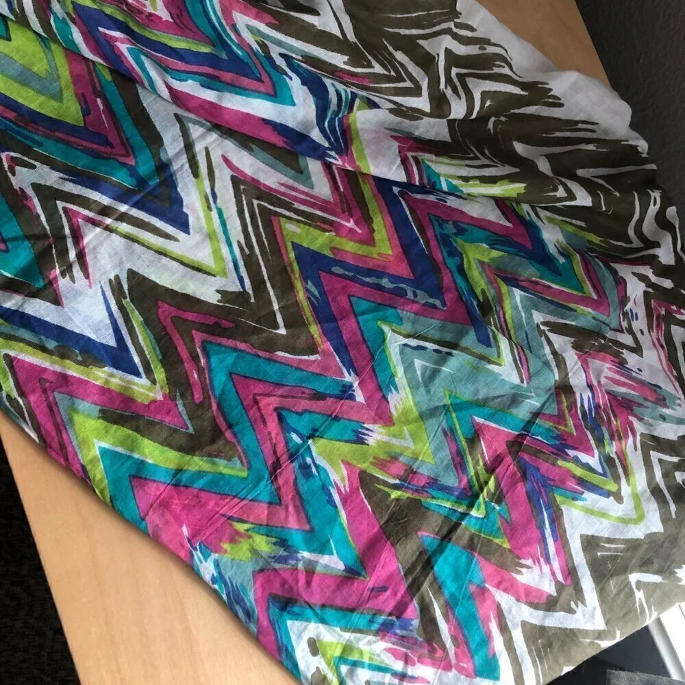 World Finds Fair Trade Scarf Blue Flame Stitch Screen Print Hand Crafted NWT